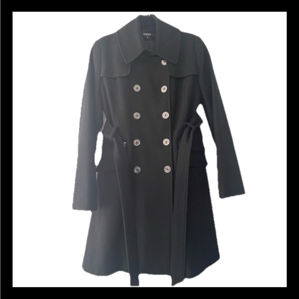 DKNY Black Double Breasted Tie Belt Collared A-Line Wool Peacoat - Picture 1 of 9